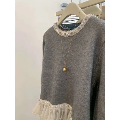 New Winter Sweet Loose Beaded Ruffled Pink Sweater for Women Fashion Versatile Casual and Elegant Knitted Sweater