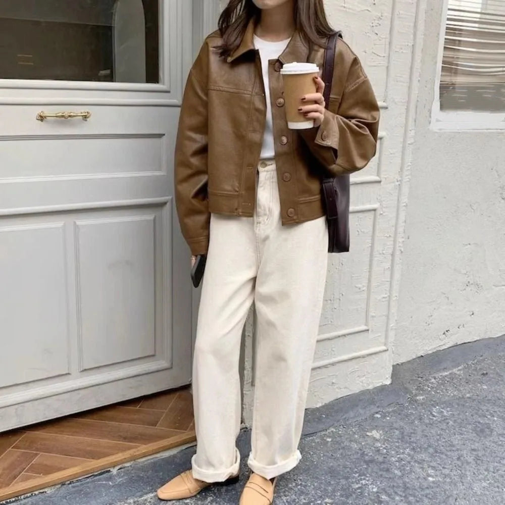 Fashion Lapel Collar Leather Jacket Women Outerwear Retro Vintage PU Coats Korean Chic Windbreaker Jackets Autumn/Winter