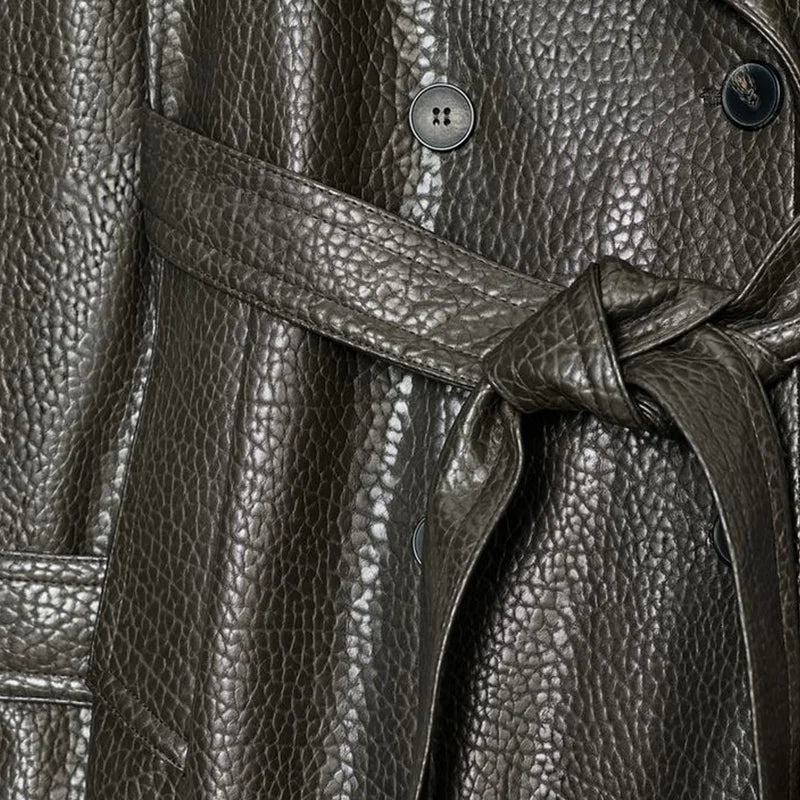 Elegant Women's Double Breasted Long Leather Coat With Belt Lapel Full Sleeve Pockets Jacket 2025 Autumn Winter Lady Outwear New