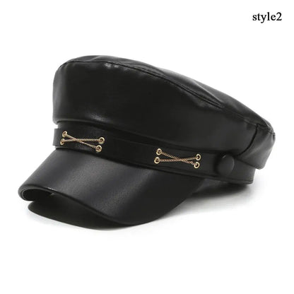 New Women's PU Leather Beret Hat Vintage England Flat Top Newsboy Caps Outdoor Casual Visor Black Artist Fashion Painter Hat