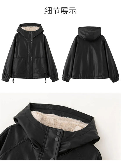 2025 Winter Leather Jacket Women Add-velvet Thicken Warm Coats Loose Hooded Short Jackets Streetwear Windproof Leather Outerwear