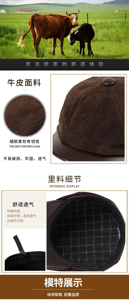 New Autumn Winter Natural Genuine Leather Caps For Men Suede Cowhide Leather Warm Berets Women's Hats British Fashion Golf Cap