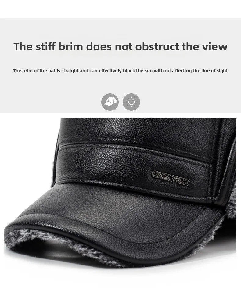 Mens Leather Flat Top Baseball Cap Warm Ear Hat for Elderly in Autumn Winter Thickened Fleece-lined Cold Cap