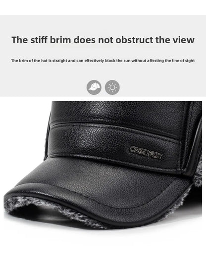 Mens Leather Flat Top Baseball Cap Warm Ear Hat for Elderly in Autumn Winter Thickened Fleece-lined Cold Cap