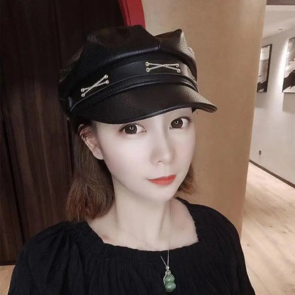 New Women's PU Leather Beret Hat Vintage England Flat Top Newsboy Caps Outdoor Casual Visor Black Artist Fashion Painter Hat