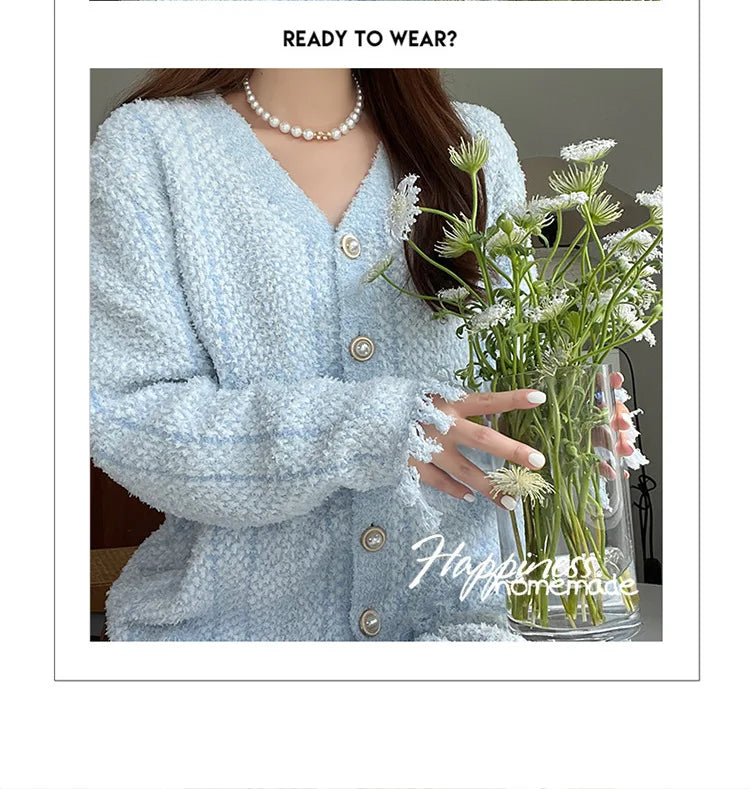Winter Ins Sweet Tassel Cardigan Set Sleepwear Women's Winter Thick Warm Knitted Home Clothes Two Piece Set Light Blue