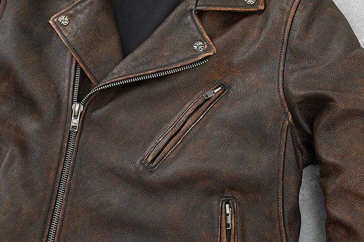 Cowhide Leather Coat Men's Retro Distressed Motorcycle Cycling Clothing Trendy Youth LapeSpring and Autumn Coat