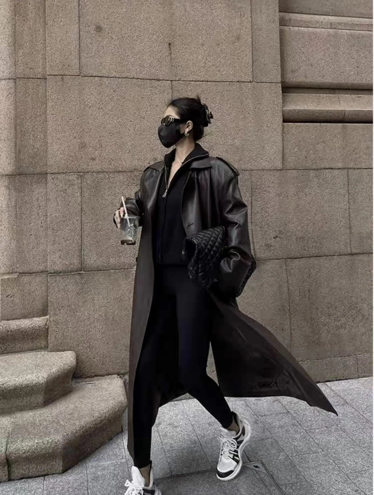 Women Faux PU Leather Coats Turn Down Collar Black High Waist Lace Up Long Jackets Casual Elegant Y2k Maxi Loose Windbreak