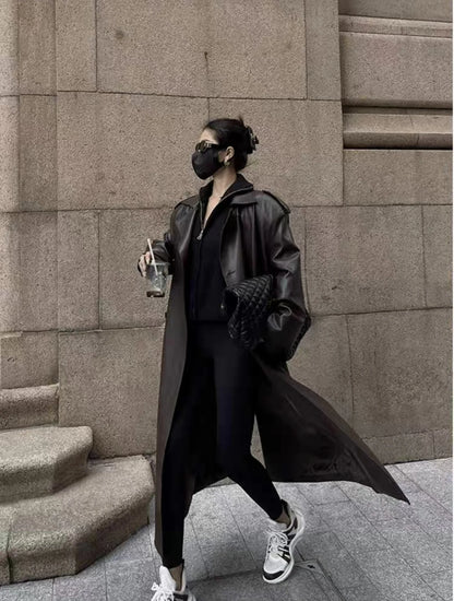 Women Faux PU Leather Coats Turn Down Collar Black High Waist Lace Up Long Jackets Casual Elegant Y2k Maxi Loose Windbreak