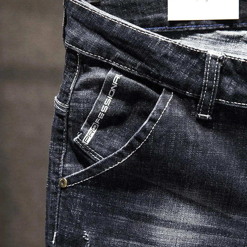 Jeans Men Long Pants Denim Pant Straight Trousers Zipper High Waist Simple Splice Casual Regular Slim Fit Sheath Autumn Winter