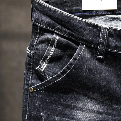 Jeans Men Long Pants Denim Pant Straight Trousers Zipper High Waist Simple Splice Casual Regular Slim Fit Sheath Autumn Winter