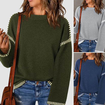 Women's Sweaters Autumn Winter 2025 Comfortable Daily Dark Stripe Design Long Sleeve Round Neck Relaxed Fit Top
