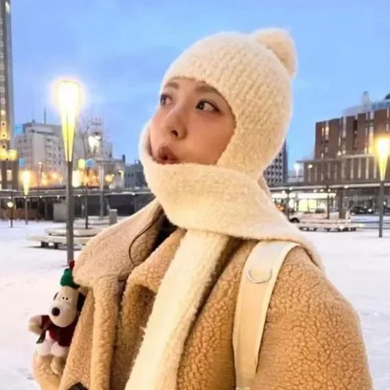 Winter Sweet Girl's Must-have - Wool Blend Beanie with Scarf and Shiny Furball