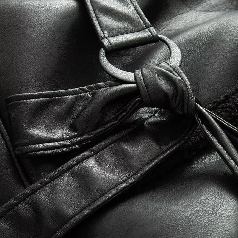 Women's Coat 2025 Autumn New Style Black Long-Sleeve Leather and Fur Integrated Coat with Belt High-End Outerwear Elegant