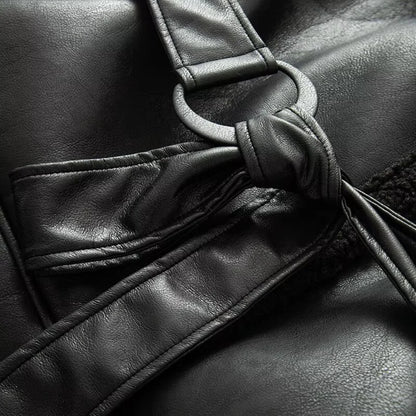 Women's Coat 2025 Autumn New Style Black Long-Sleeve Leather and Fur Integrated Coat with Belt High-End Outerwear Elegant