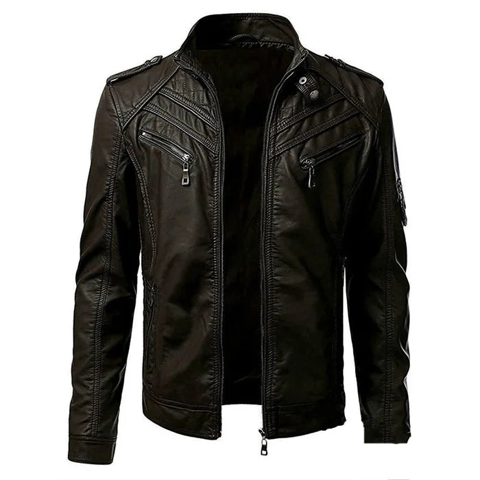 The new casual high-end fashion leather coat men sell European and American solid color handsome stand-up collar jacket