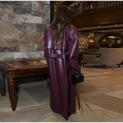Fashion PU Leather Long Overcoats With Belt Women Luxury Lapel Button Oversize Jackets Female 2025 Autumn High Street Outerwear
