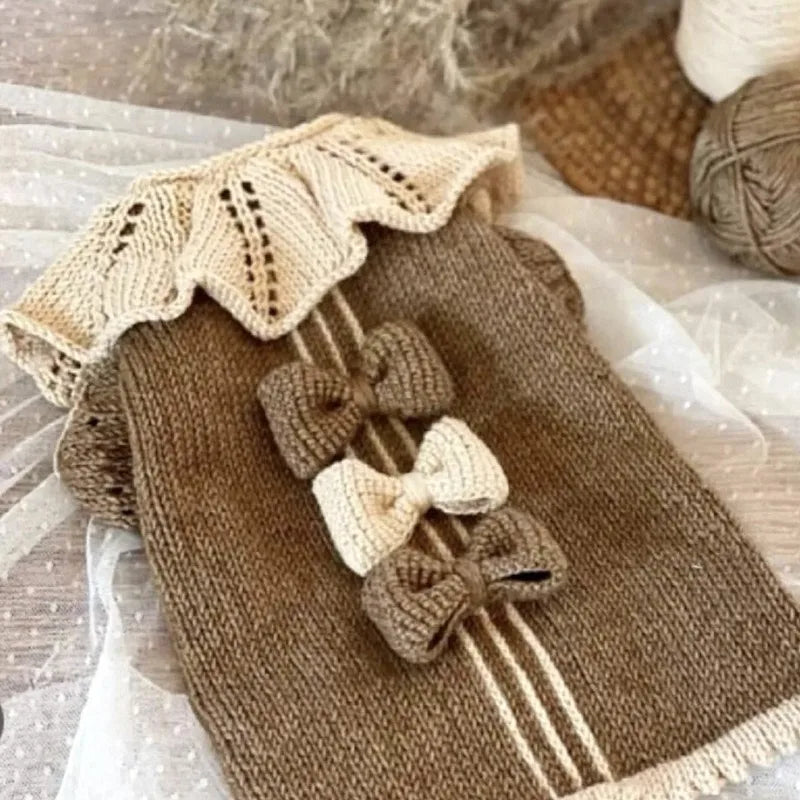 Maltese Sweet Sweater Pet Bow Knit Teddy Winter Warm Two-Legged Clothes Solid Color Puppy Pullover XS-XL