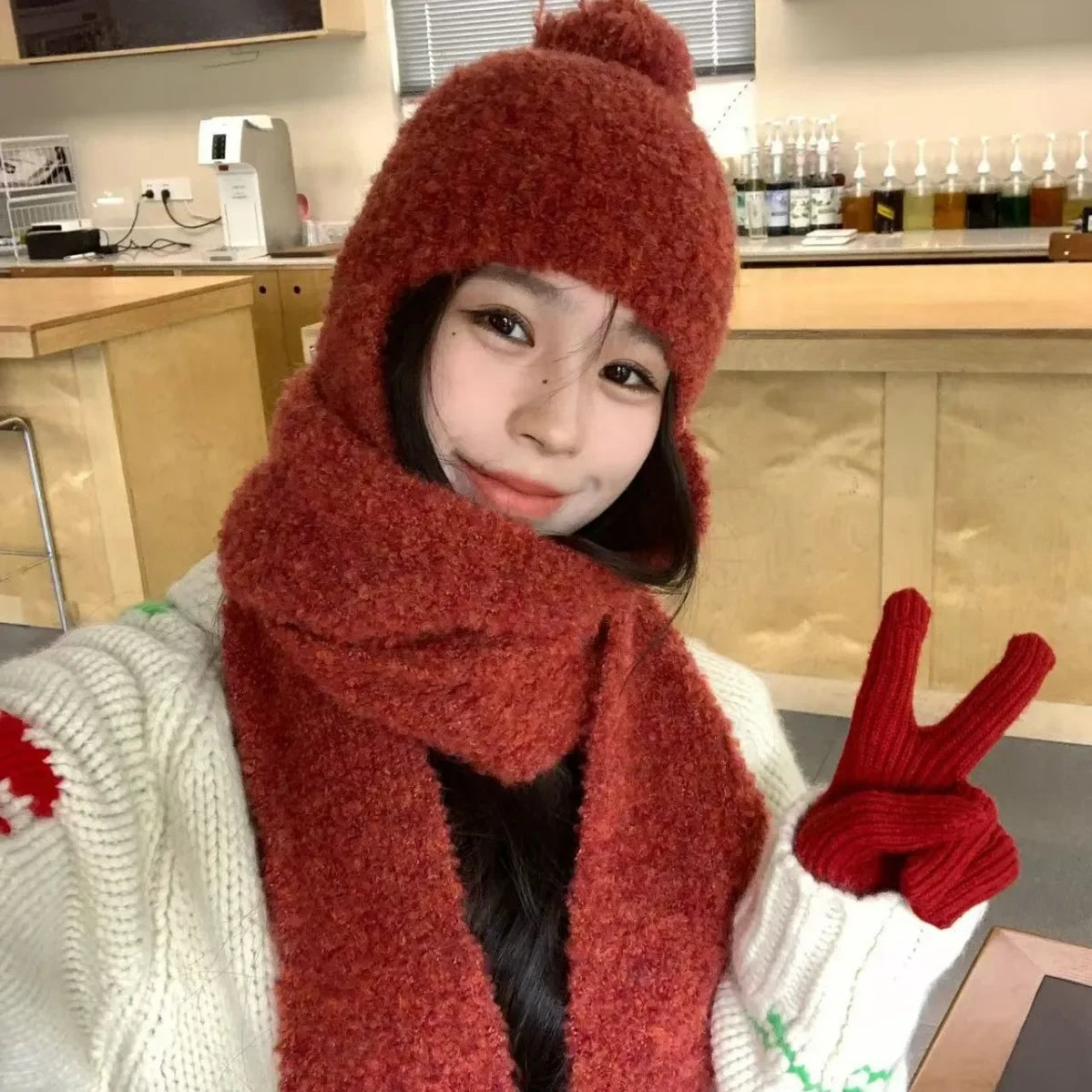 Winter Sweet Girl's Must-have - Wool Blend Beanie with Scarf and Shiny Furball