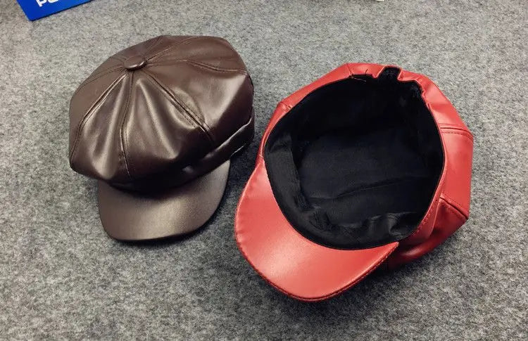 Kids Boys Girls PU Leather Hat 2024 New Arrival Children Princess Retro Beret Cap British Style Plaid Striped Cap Steetwear Hat