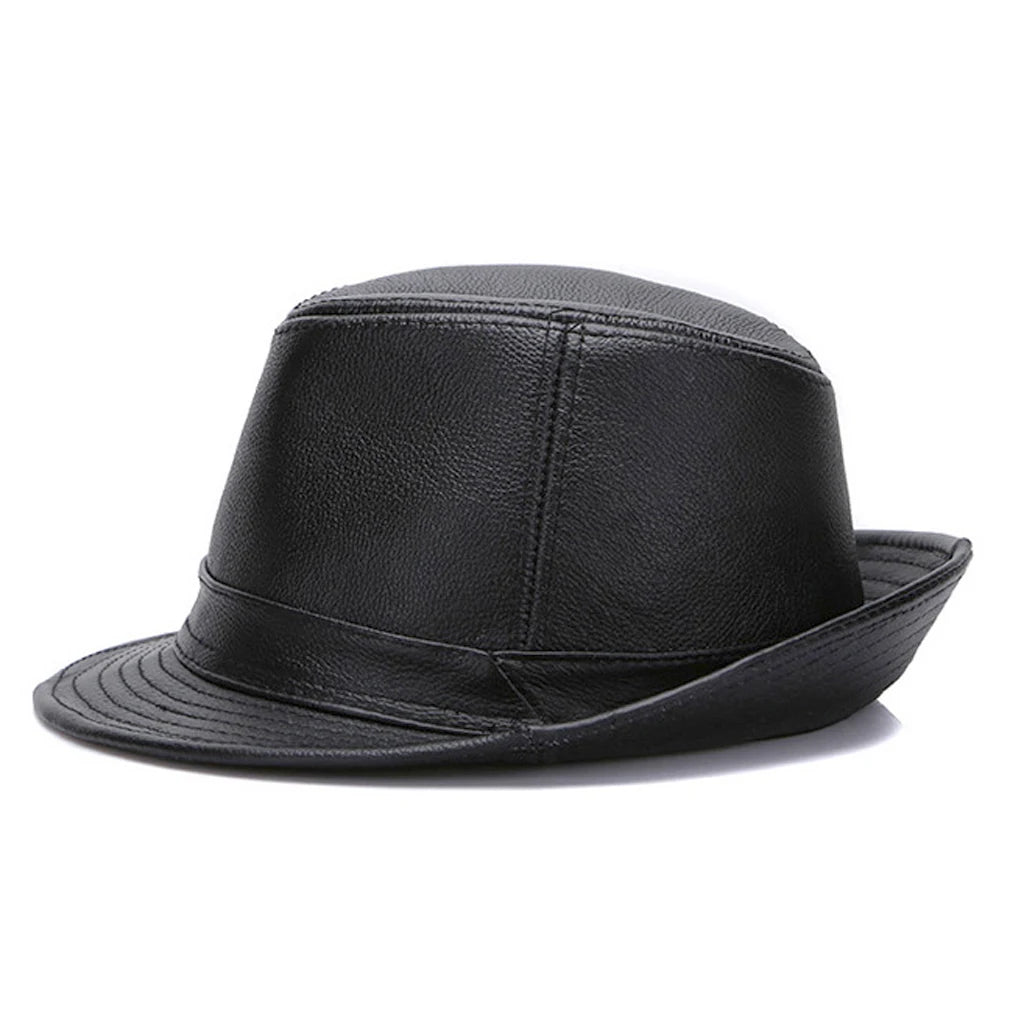 Men's Gentlemen's Fedora Hat Genuine 100% Cowhide Leather Trilby Cap Real Cowhide Leather Jazz Casual Autumn Winter Top Cap