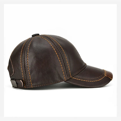 Men Real Cowhide Leather Earlap Caps Male Fall Winter 100% Real Cow Leather Hats New Casual Real Leather Outdoor Baseball Cap