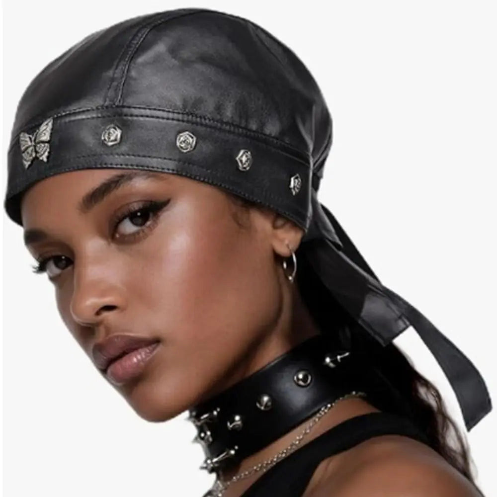 PU Leather Black Biker Cap Doo Rag Bandana Waterproof Butterfly Cap Cool Adjustable Motorcycle Leather Hat for Women and Men