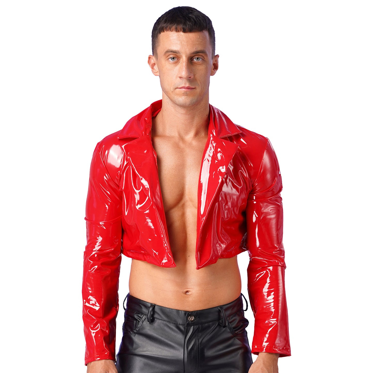 Mens Wet Look Long Sleeve Latex Cropped Coat Pole Dance Rave Cosplay Party Clubwear Lapel Patent Leather Jacket Motorcycle Coats