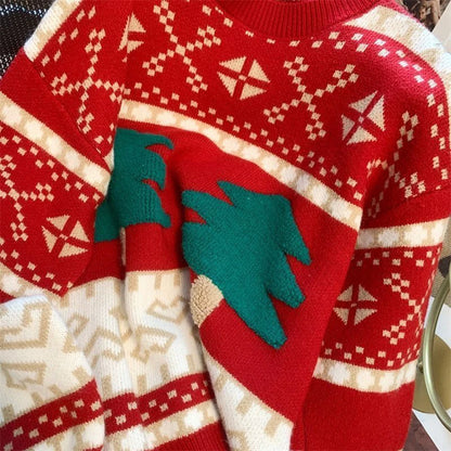 Sweet Christmas Tree Red Sweater Women Long Sleeve O Neck Cute Knit Pullover Harajuku Y2K Preppy Style Casual Lazy Jumper