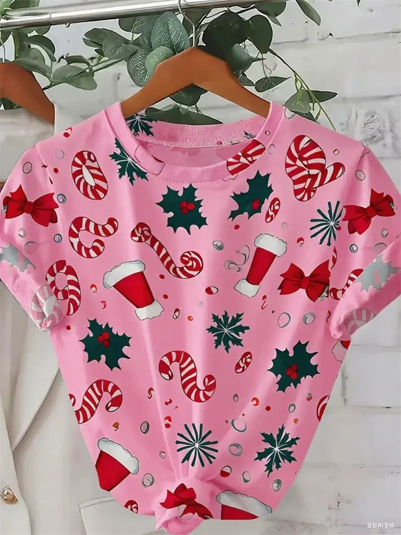 Christmas elements sweet candy snowflake 3D printed women's short sleeved T-shirt fashion casual party holiday Woman y2k clothes