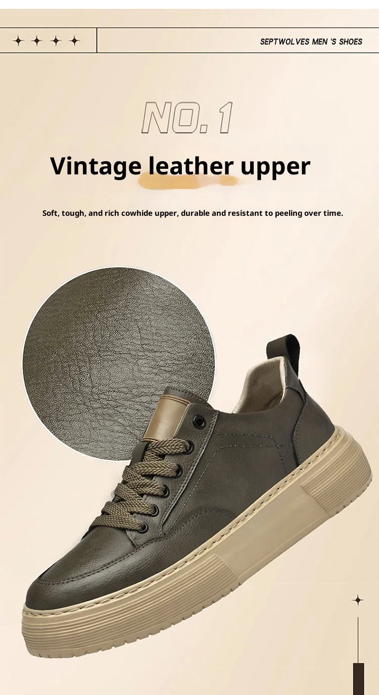 Genuine Leather Men's Casual Shoes, Thick-soled, Anti-slip, Wear-resistant, Height-increasing, Street Fashion, Retro Board Shoes