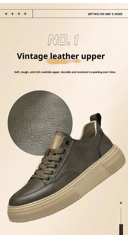 Genuine Leather Men's Casual Shoes, Thick-soled, Anti-slip, Wear-resistant, Height-increasing, Street Fashion, Retro Board Shoes
