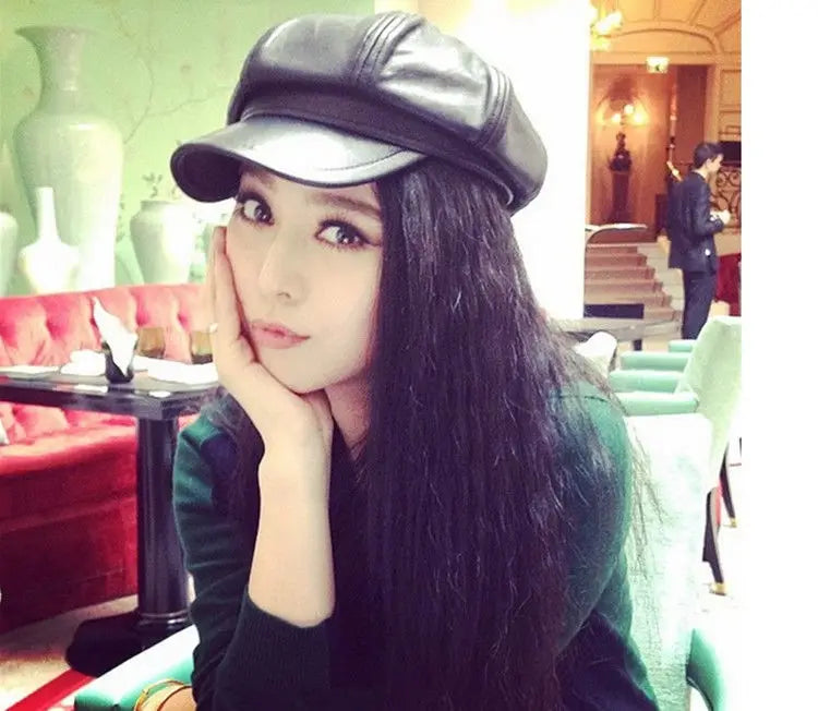 Kids Boys Girls PU Leather Hat 2024 New Arrival Children Princess Retro Beret Cap British Style Plaid Striped Cap Steetwear Hat