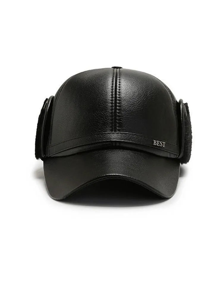 Men's Casual Cuffed Soft Leather Baseball Cap for Middle-Aged and Elderly, Warm for Winter