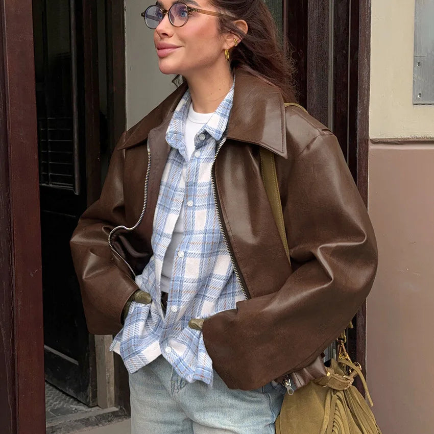 Locomotive Leather Jacket 2025 Europe America Autumn Winter New Loose Coat Fashion Cross-border Leather Jacket New Women's Coat