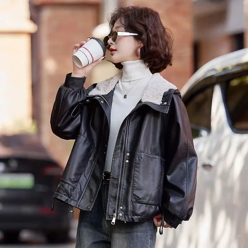 2025 Winter Leather Jacket Women Add-velvet Thicken Warm Coats Loose Hooded Short Jackets Streetwear Windproof Leather Outerwear
