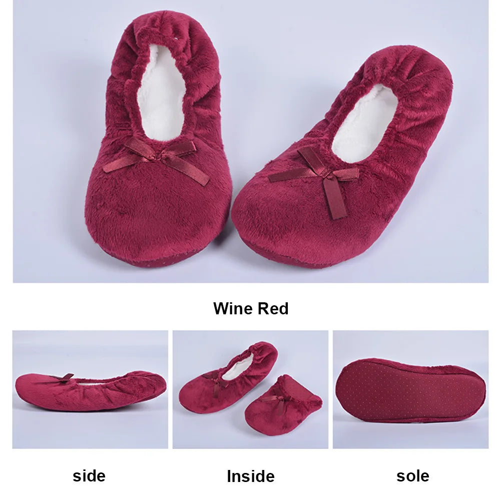 Women Ballerina Slippers with Satin Bow Winter Slippers Comfortable Warm Ballet Flats Girls Plush Slippers