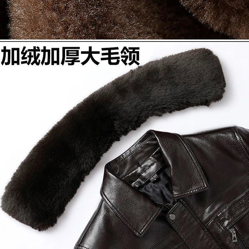 Natural Leather Jacket For Men Fur Thick Loose Plus Velvet Winter Black Leather Coats Male Sheepskin Coat Man With Fur Collar