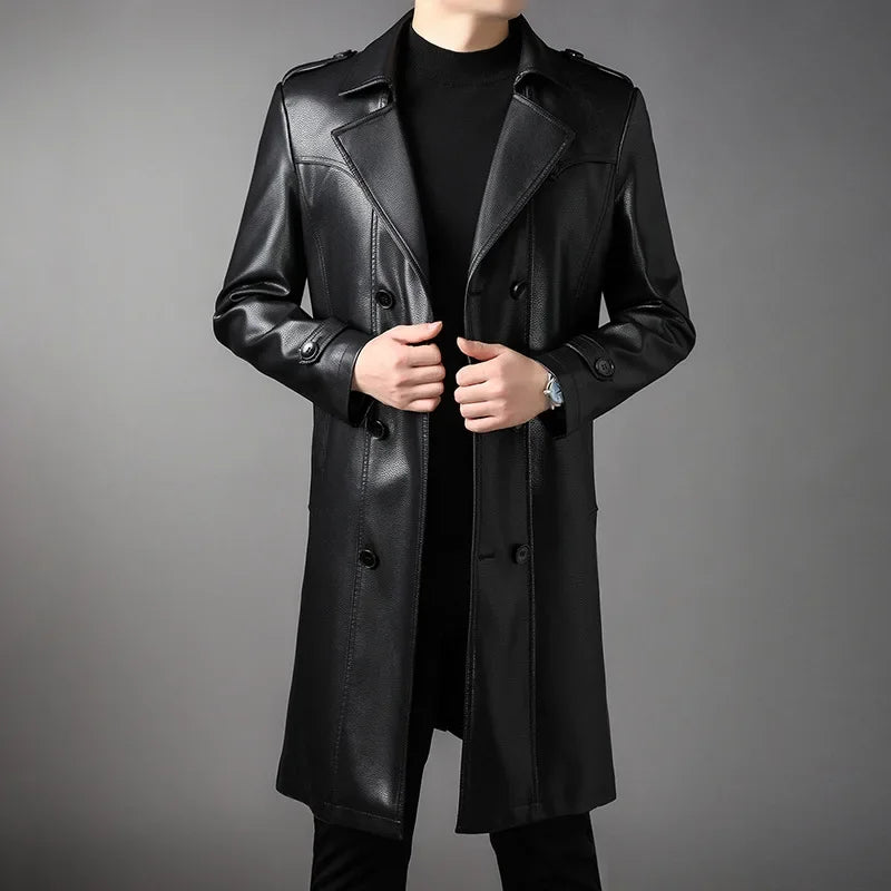 High Quality Knee-Length Men's Leather Overcoat for Autumn & Winter Double Breasted  Business Windbreaker Leather Coats PU-026