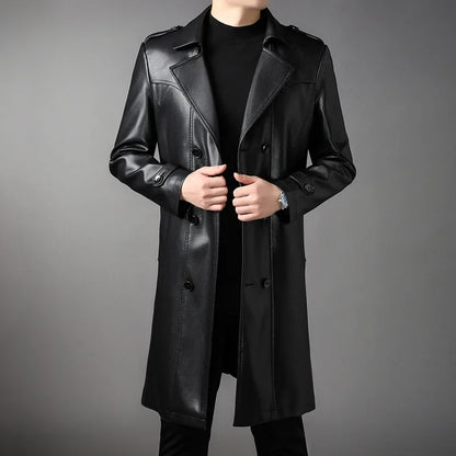 High Quality Knee-Length Men's Leather Overcoat for Autumn & Winter Double Breasted  Business Windbreaker Leather Coats PU-026