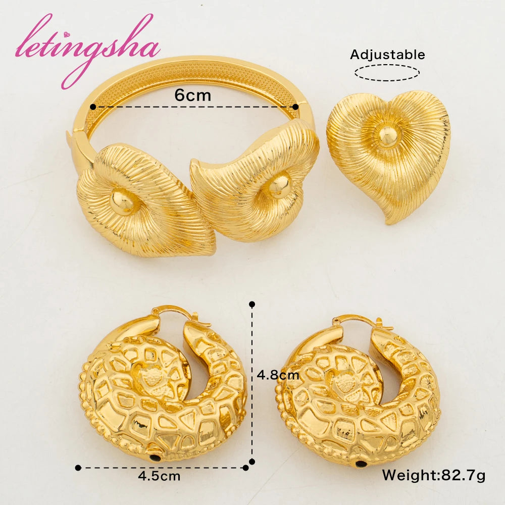 Fashion Jewelry Set for Women Large Hoop Earrings and Bangle Ring Weddings Bride Trendy Bracelet and Earrings Jewelry Set