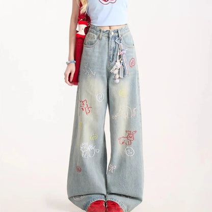 Jeans for Woman Y2k Pants Retro Washed Denim Straight Leg Wide Leg Trousers Cartoon Embroidery Design Comfortable Daily Wear