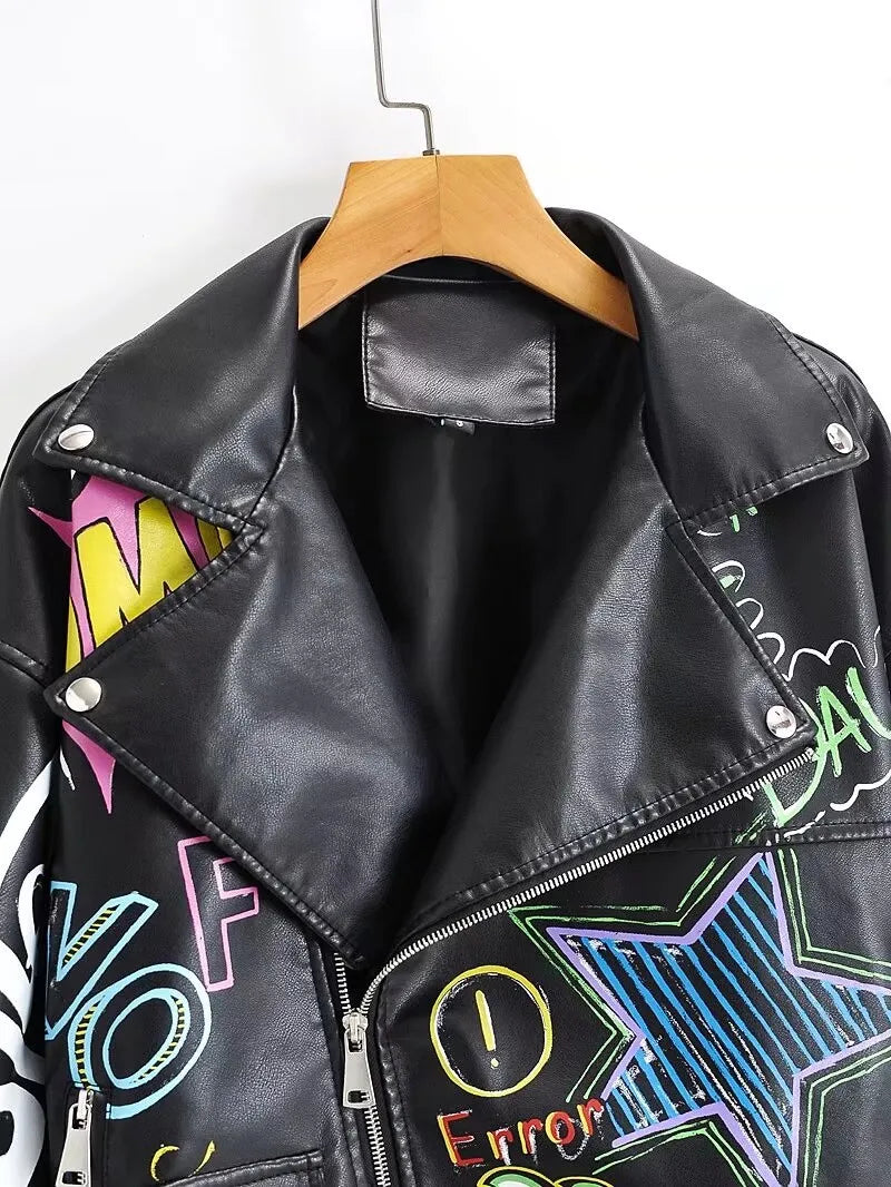 Fashion Brand Coat PU Leather Jacket Women Colorful Print Graffiti Soft Punk Coats Slim Locomotive Cropped Jacket Leather Top 1