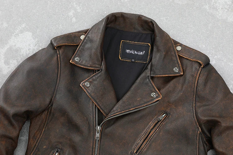 Cowhide Leather Coat Men's Retro Distressed Motorcycle Cycling Clothing Trendy Youth LapeSpring and Autumn Coat