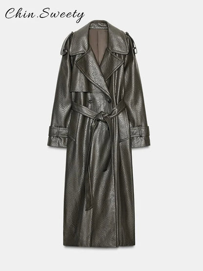 Elegant Women's Double Breasted Long Leather Coat With Belt Lapel Full Sleeve Pockets Jacket 2025 Autumn Winter Lady Outwear New