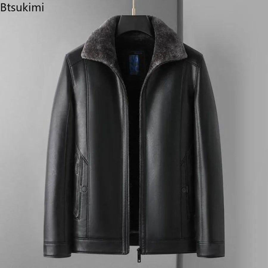 Men's Leather Jackets Autumn Winter Fleece Warm Motorcycle Coats Fashion Business Casual PU Leather Jackets Men Slim Outerwear