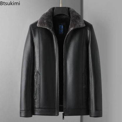 Men's Leather Jackets Autumn Winter Fleece Warm Motorcycle Coats Fashion Business Casual PU Leather Jackets Men Slim Outerwear