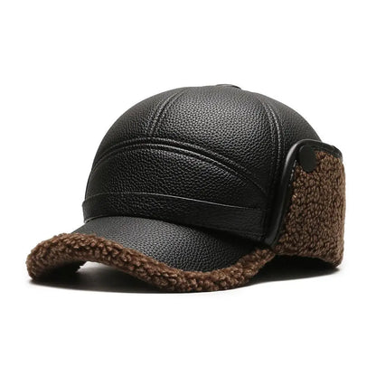 PU Leather Baseball Cap Men Winter Warm Hat Dad Grandpa Thermal Hat Thick Warm Leather Hat Old Man Ear Protection Cap