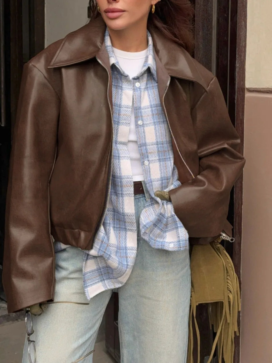 Locomotive Leather Jacket 2025 Europe America Autumn Winter New Loose Coat Fashion Cross-border Leather Jacket New Women's Coat