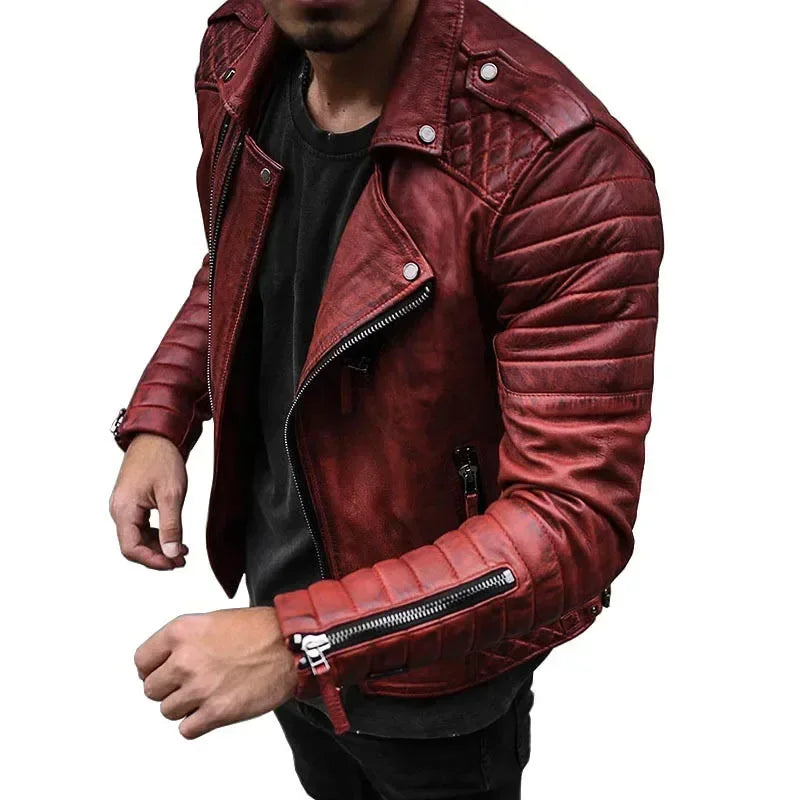 Leather Coat Men Spring Autumn Fashion Slim Lapel Locomotive Men Leather Jacket Solid Color Long Sleeve PU Brown Leather Jacket